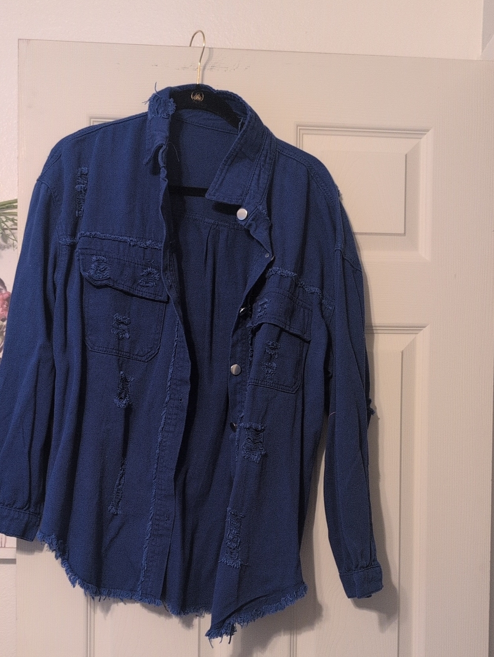 Blue Distressed Women's Shirt Jacket - Unbranded